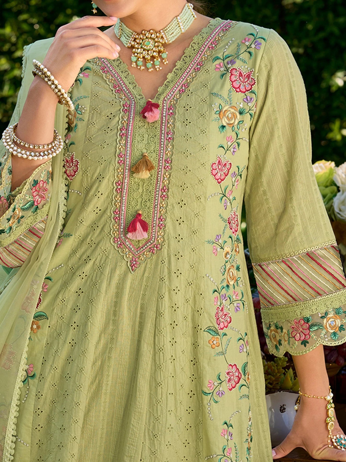 Refreshing Pistachio Green Anarkali Suit Set with Heavy Multicolor Floral Embroidery