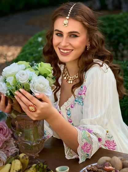 Regal Off-White Anarkali Suit Set with Heavy Multicolor Floral Embroidery & Dupatta