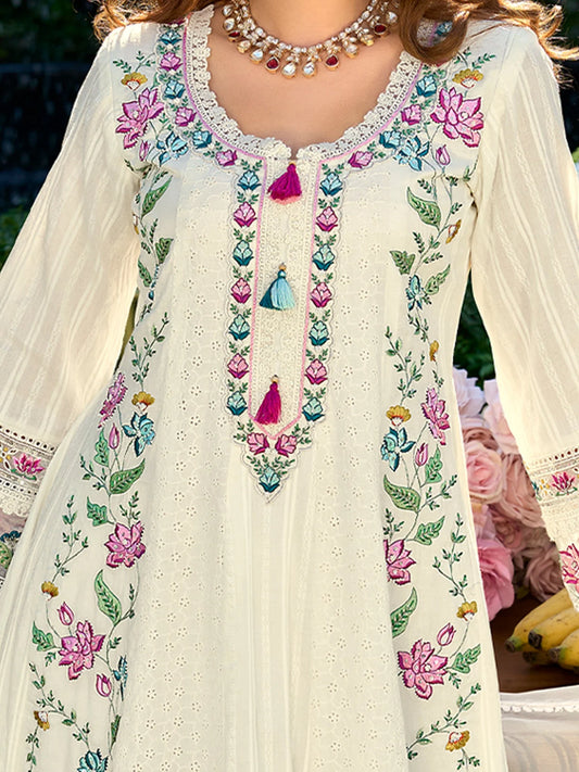 Regal Off-White Anarkali Suit Set with Heavy Multicolor Floral Embroidery & Dupatta