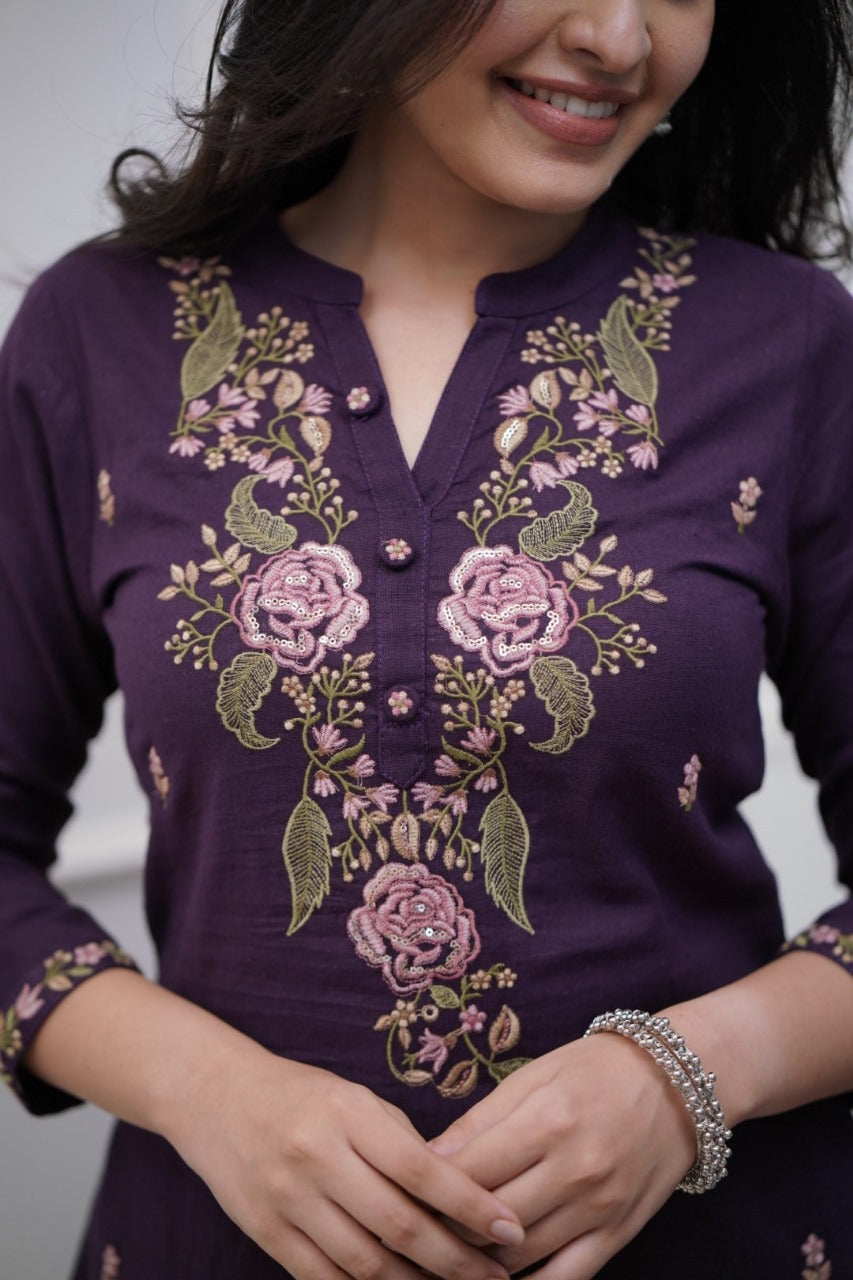 Regal Purple Soft  Cotton Kurta Set with Heavy Floral Embroidery & Crushed Dupatta