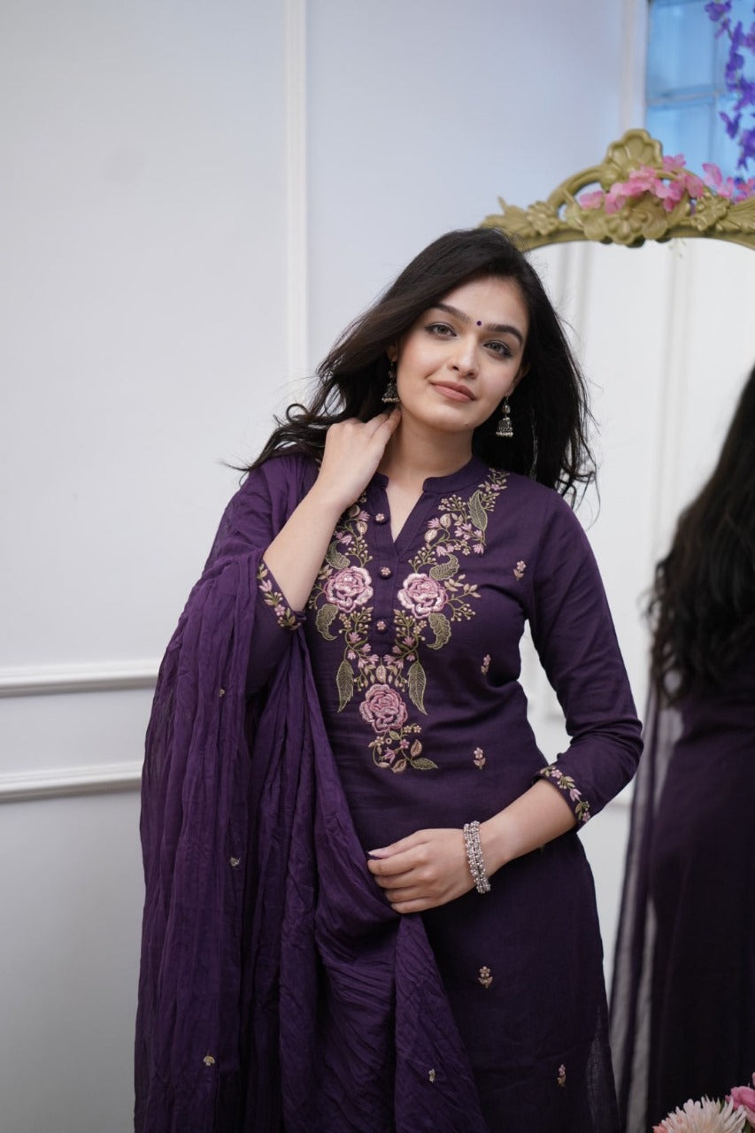 Regal Purple Soft  Cotton Kurta Set with Heavy Floral Embroidery & Crushed Dupatta