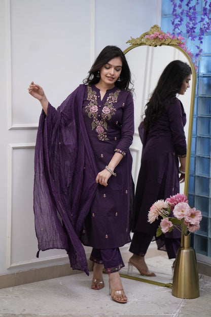 Regal Purple Soft  Cotton Kurta Set with Heavy Floral Embroidery & Crushed Dupatta