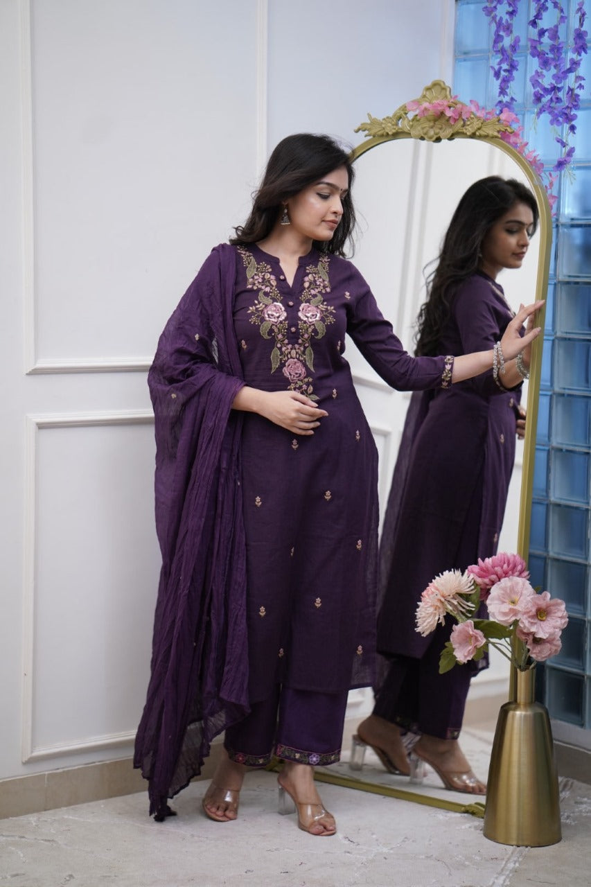 Regal Purple Soft  Cotton Kurta Set with Heavy Floral Embroidery & Crushed Dupatta