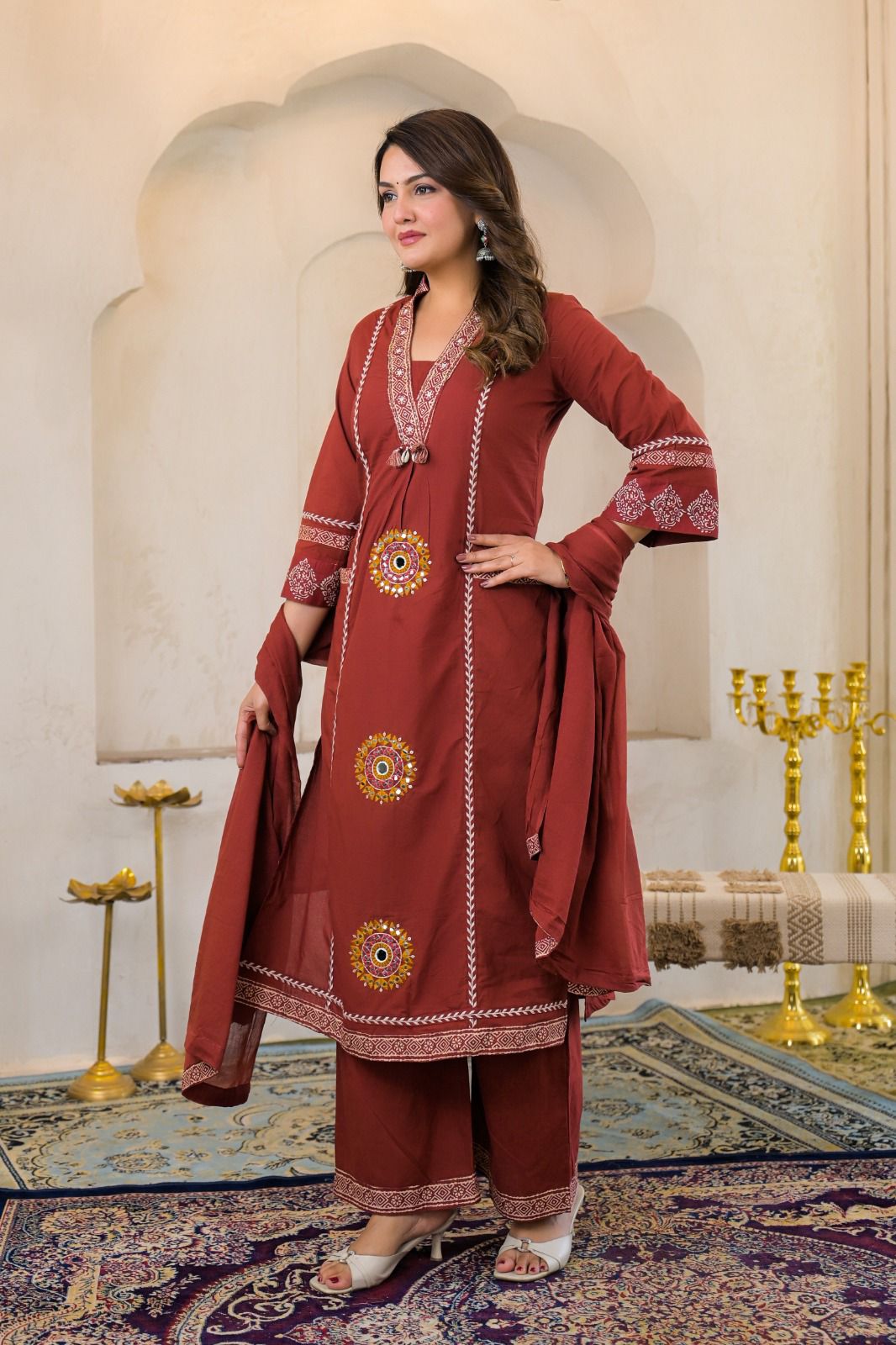 Rust Brown Cotton Embroidered A-Line Suit Set with Lining & Pocket – Festive Wear