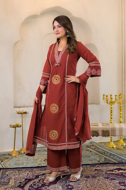 Rust Brown Cotton Embroidered A-Line Suit Set with Lining & Pocket – Festive Wear