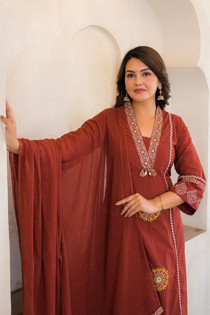 Rust Brown Cotton Embroidered A-Line Suit Set with Lining & Pocket – Festive Wear