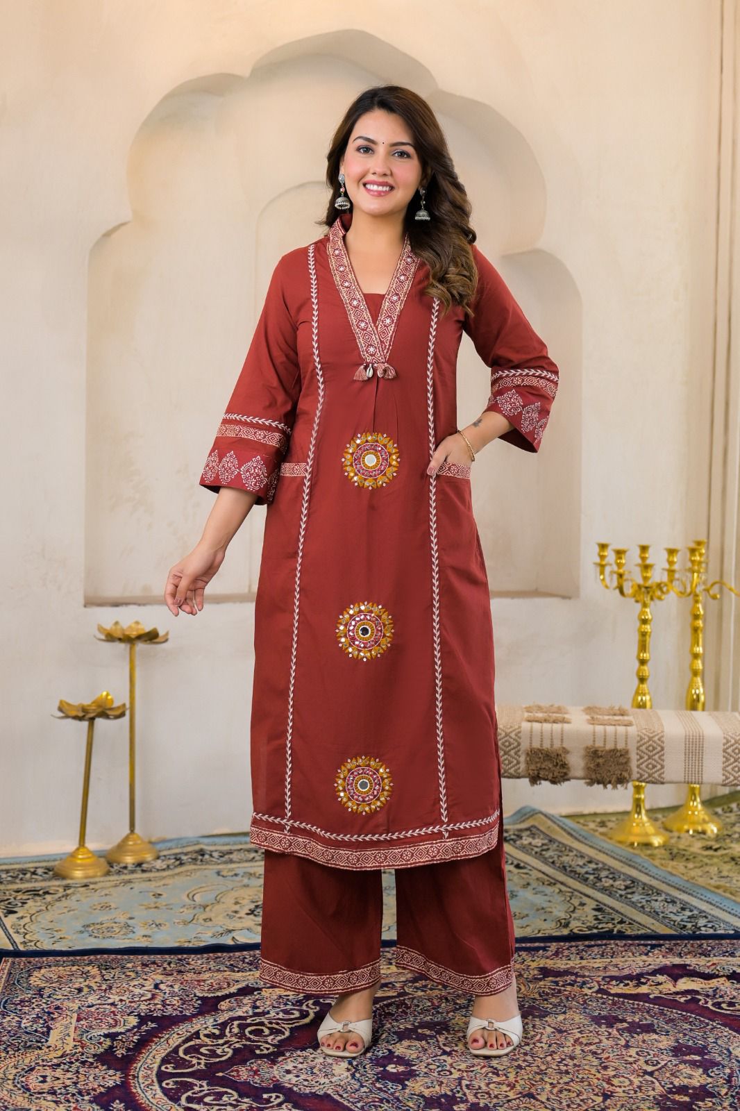 Rust Brown Cotton Embroidered A-Line Suit Set with Lining & Pocket – Festive Wear