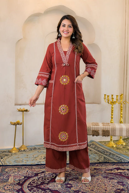 Rust Brown Cotton Embroidered A-Line Suit Set with Lining & Pocket – Festive Wear