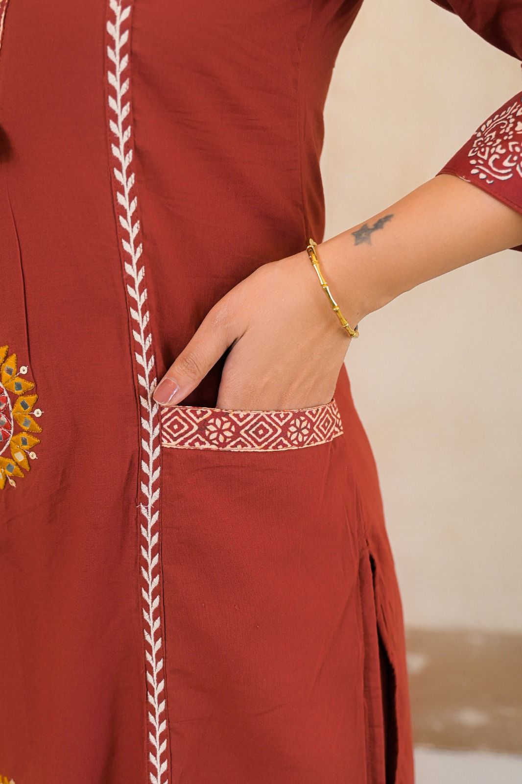 Rust Brown Cotton Embroidered A-Line Suit Set with Lining & Pocket – Festive Wear