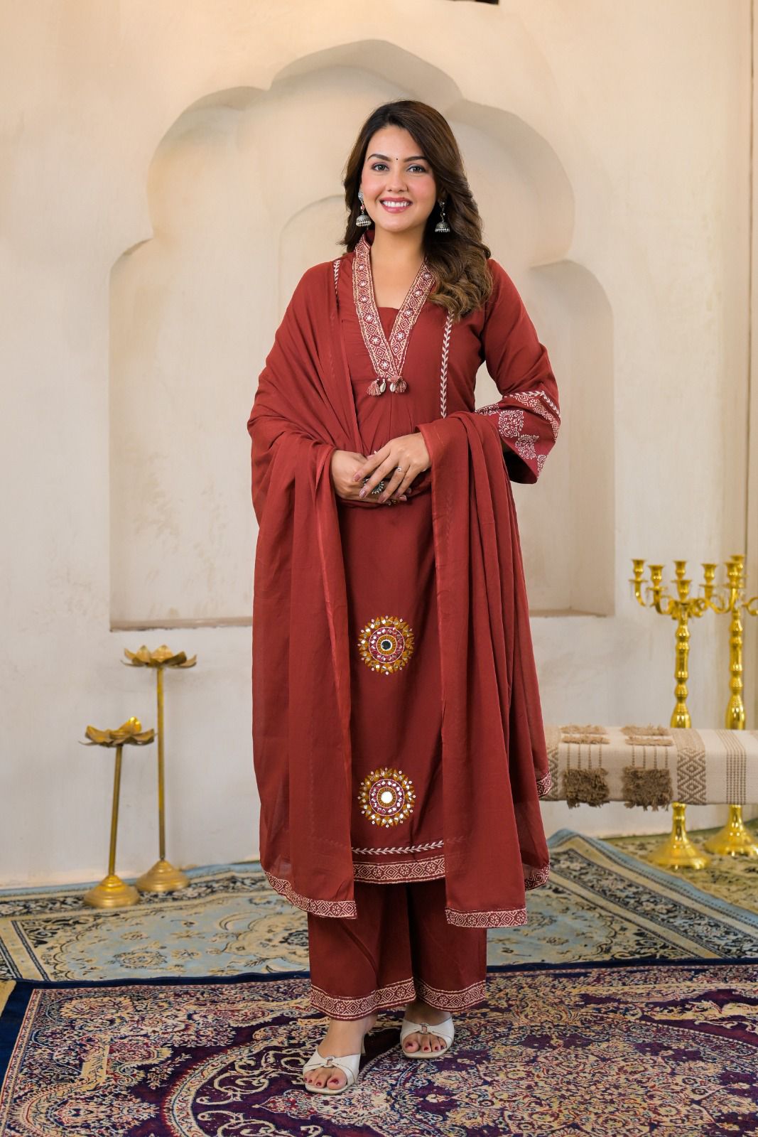 Rust Brown Cotton Embroidered A-Line Suit Set with Lining & Pocket – Festive Wear