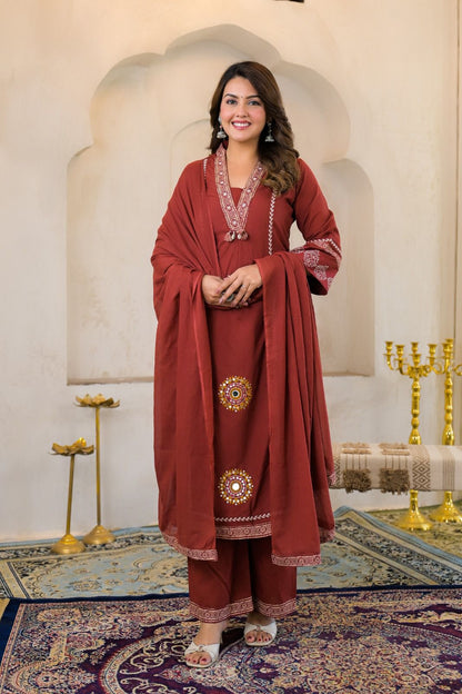 Rust Brown Cotton Embroidered A-Line Suit Set with Lining & Pocket – Festive Wear