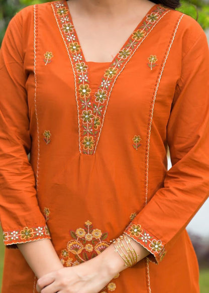 Rust Brown Cotton Embroidered Suit Set – Festive & Elegant Wear