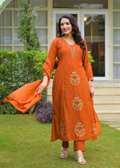 Rust Brown Cotton Embroidered Suit Set – Festive & Elegant Wear