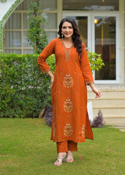 Rust Brown Cotton Embroidered Suit Set – Festive & Elegant Wear