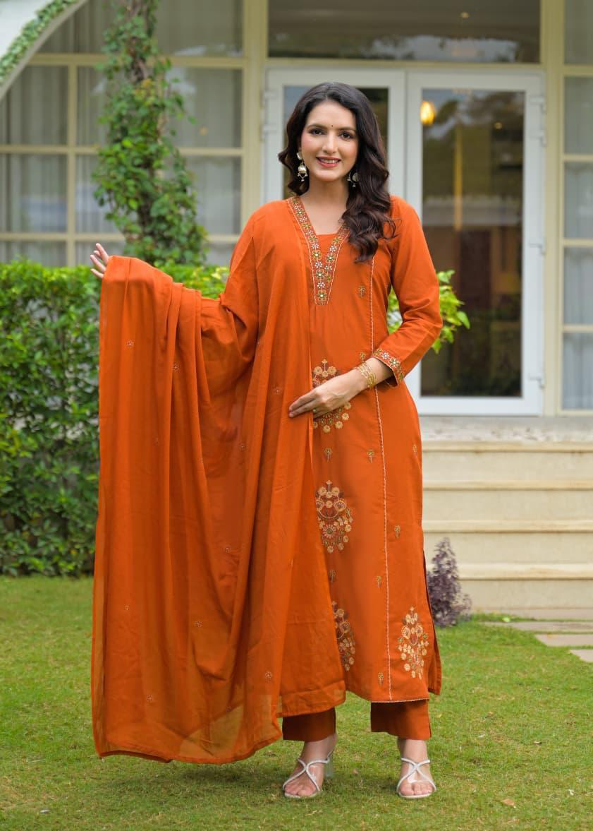Rust Brown Cotton Embroidered Suit Set – Festive & Elegant Wear