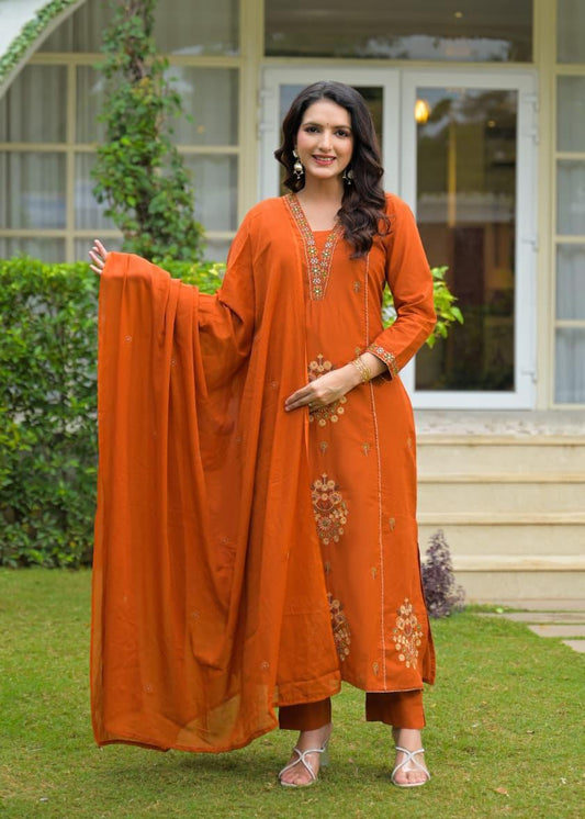 Rust Brown Cotton Embroidered Suit Set – Festive & Elegant Wear