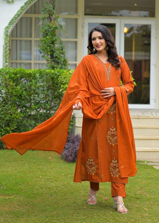Rust Brown Cotton Embroidered Suit Set – Festive & Elegant Wear