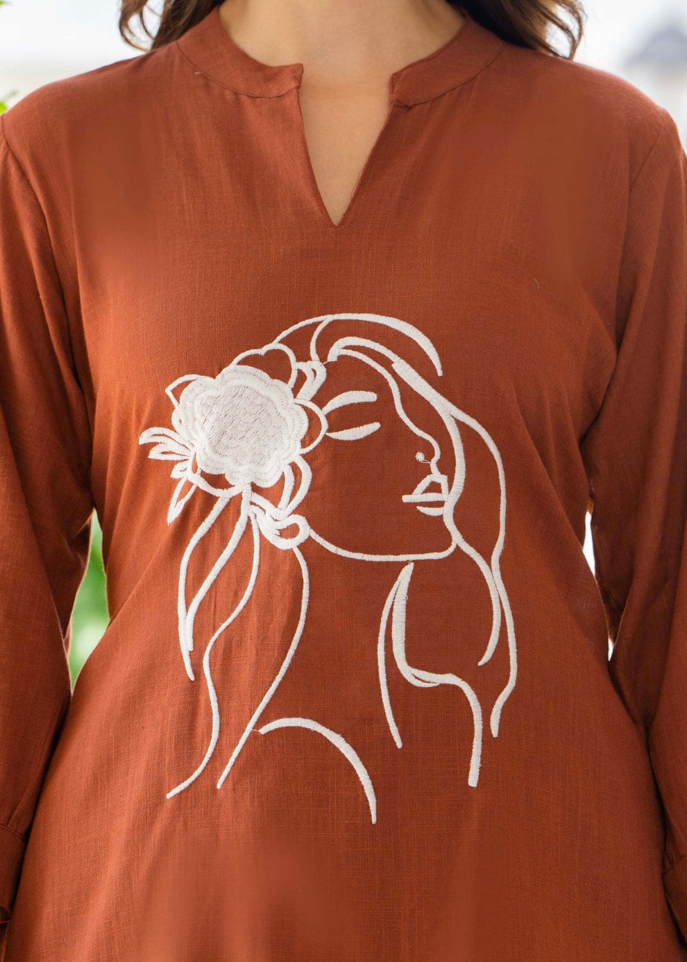 Rust Brown Cotton Flex Co-ord Set with Artistic Face Embroidery