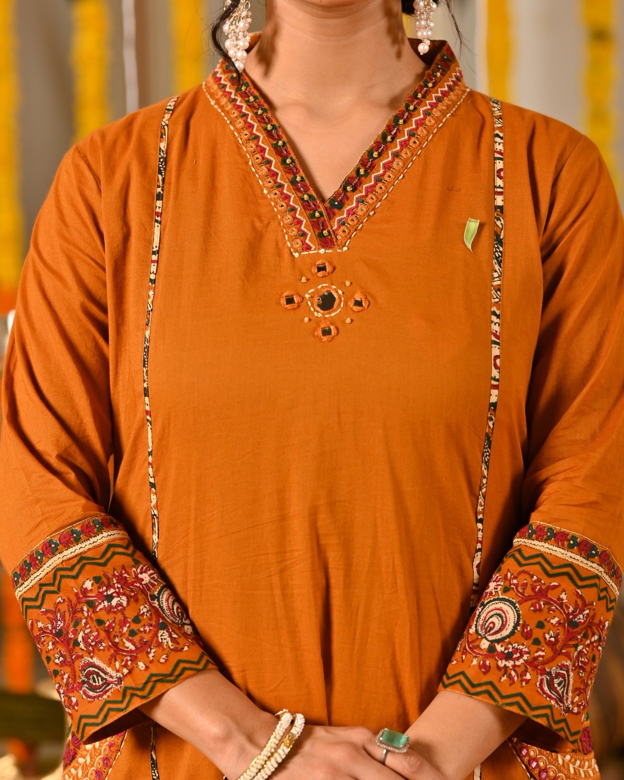 Rust Orange Cotton Suit Set with Aplique & Mirror Work – Festive & Ethnic Wear