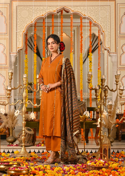 Rust Orange Cotton Suit Set with Aplique & Mirror Work – Festive & Ethnic Wear