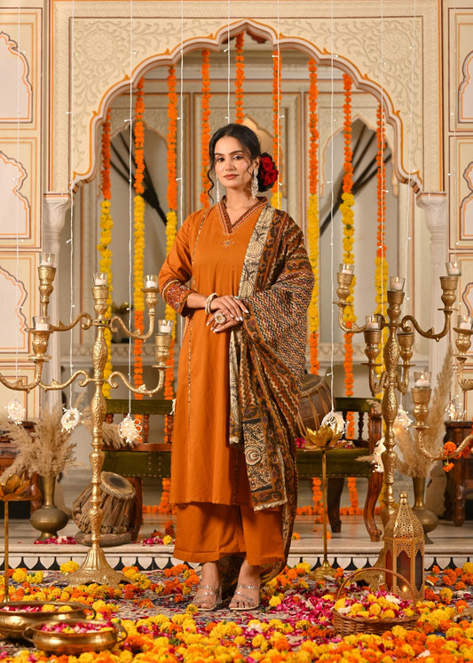 Rust Brown Cotton Suit Set with Aplique & Mirror Work – Festive & Ethnic Wear