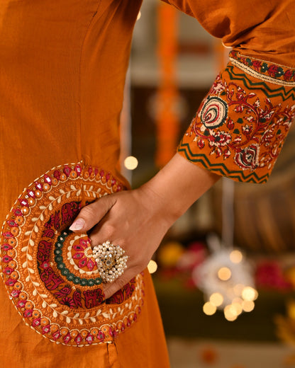 Rust Orange Cotton Suit Set with Aplique & Mirror Work – Festive & Ethnic Wear