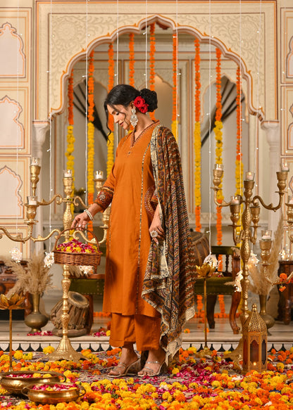 Rust Orange Cotton Suit Set with Aplique & Mirror Work – Festive & Ethnic Wear