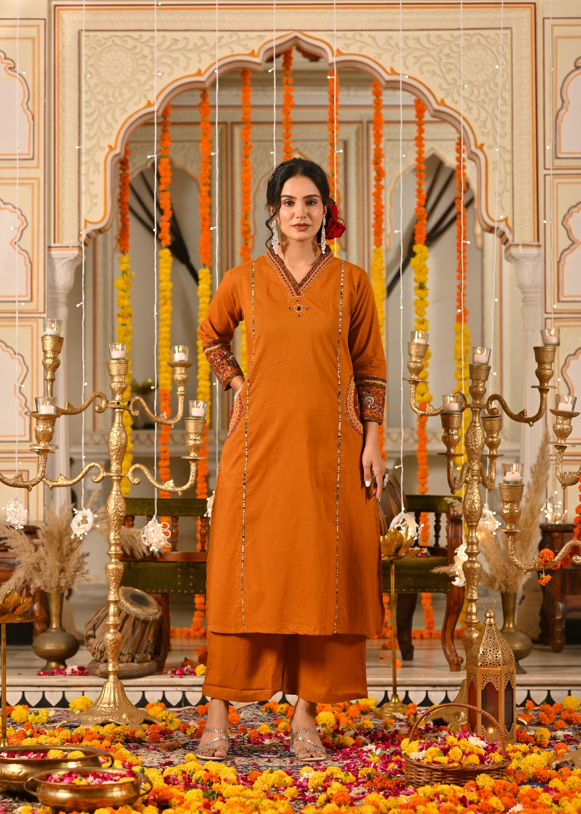 Rust Orange Cotton Suit Set with Aplique & Mirror Work – Festive & Ethnic Wear