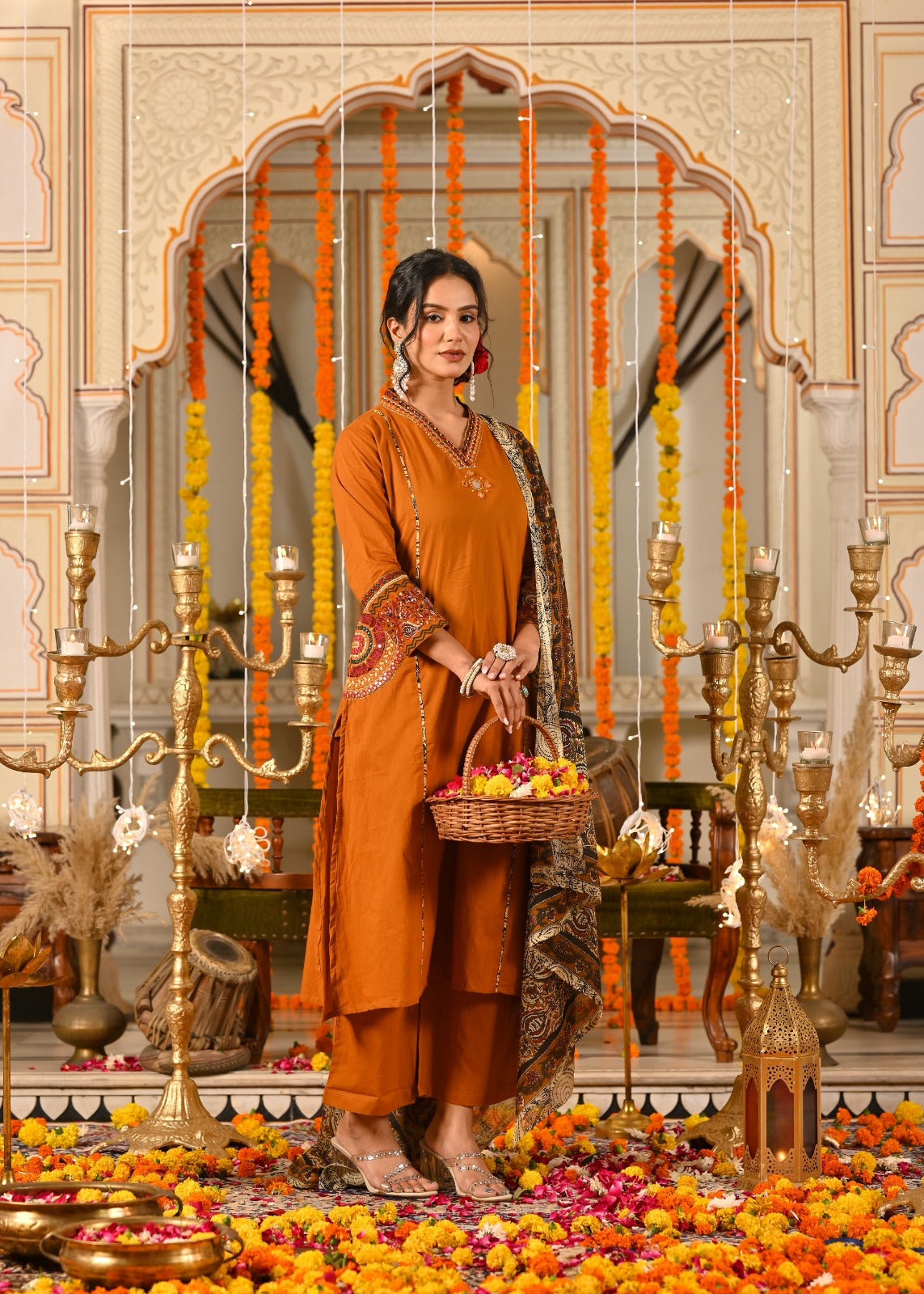Rust Orange Cotton Suit Set with Aplique & Mirror Work – Festive & Ethnic Wear