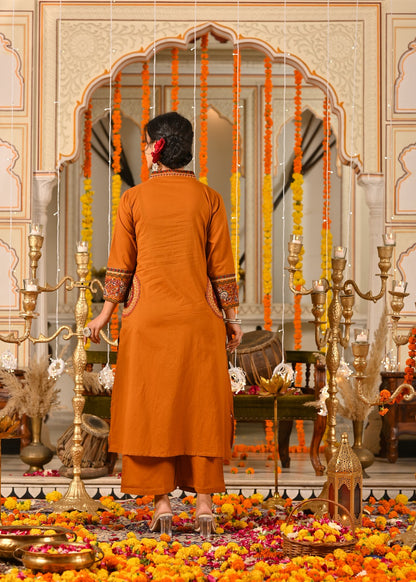 Rust Orange Cotton Suit Set with Aplique & Mirror Work – Festive & Ethnic Wear