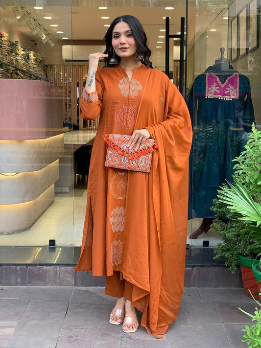 Rust Brown Pure Cotton Kurta Set with Embroidery – Festive & Casual Wear