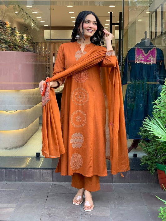 Rust Brown Pure Cotton Kurta Set with Embroidery – Festive & Casual Wear