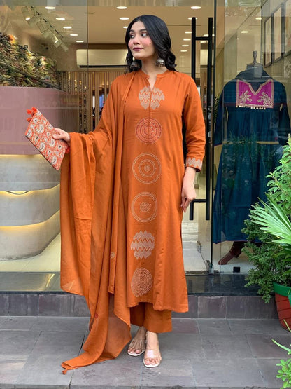 Rust Brown Pure Cotton Kurta Set with Embroidery – Festive & Casual Wear