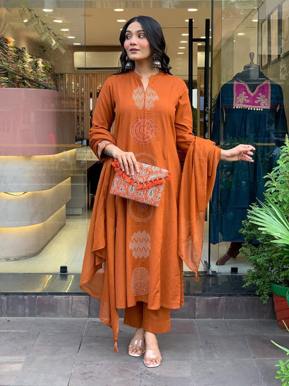 Rust Brown Pure Cotton Kurta Set with Embroidery – Festive & Casual Wear