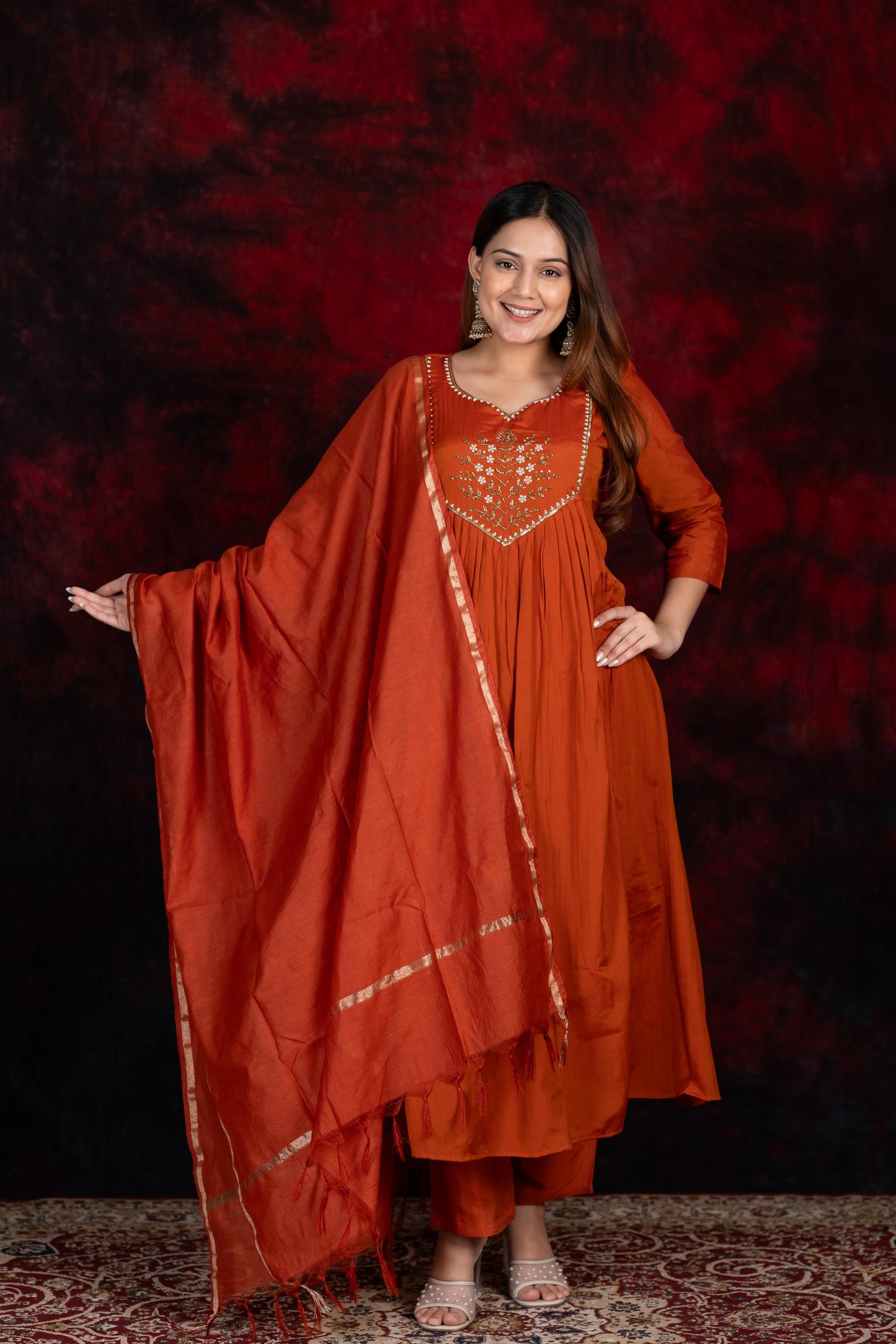 Rust Orange 3-Piece Anarkali Suit Set – Premium Soft Mul-Chanderi