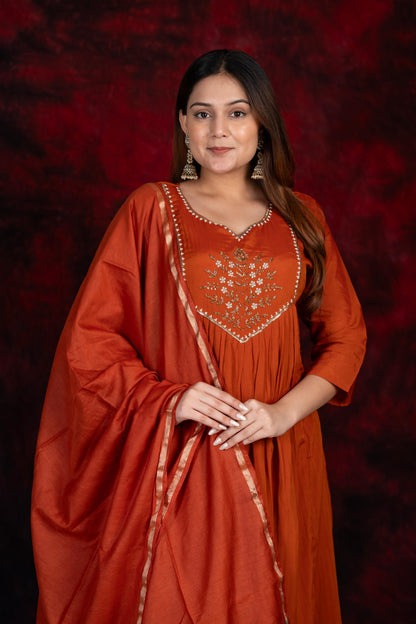 Rust Orange 3-Piece Anarkali Suit Set – Premium Soft Mul-Chanderi