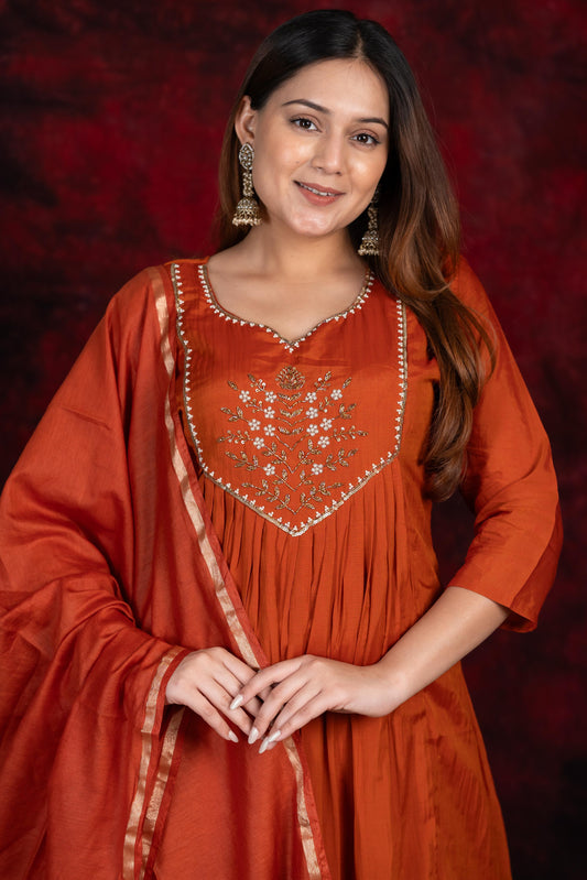 Rust Orange 3-Piece Anarkali Suit Set – Premium Soft Mul-Chanderi