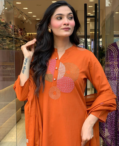 Rust Orange Embroidered Cotton Suit Set with Dupatta