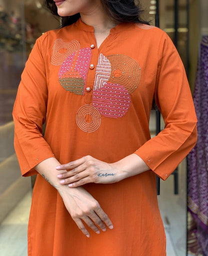 Rust Orange Embroidered Cotton Suit Set with Dupatta