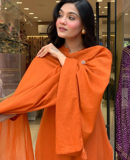 Rust Orange Embroidered Cotton Suit Set with Dupatta