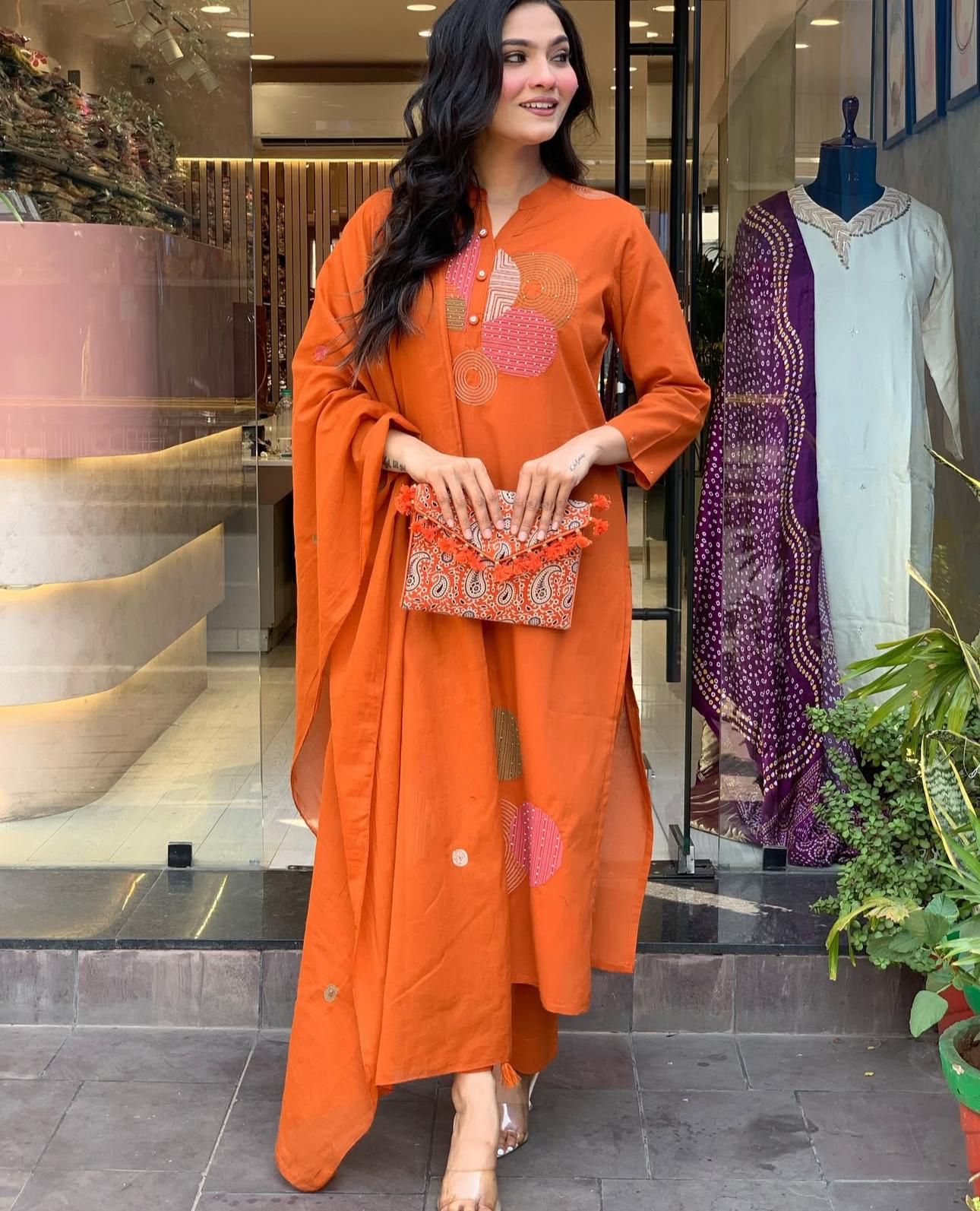 Rust Orange Embroidered Cotton Suit Set with Dupatta