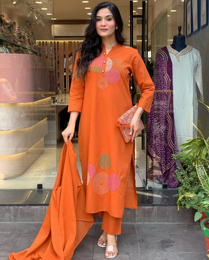 Rust Orange Embroidered Cotton Suit Set with Dupatta