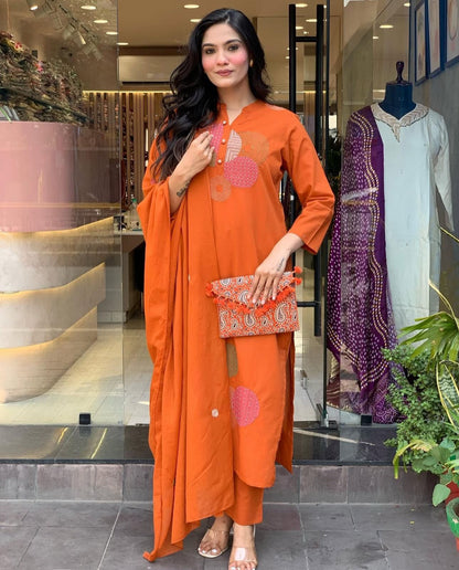 Rust Orange Embroidered Cotton Suit Set with Dupatta