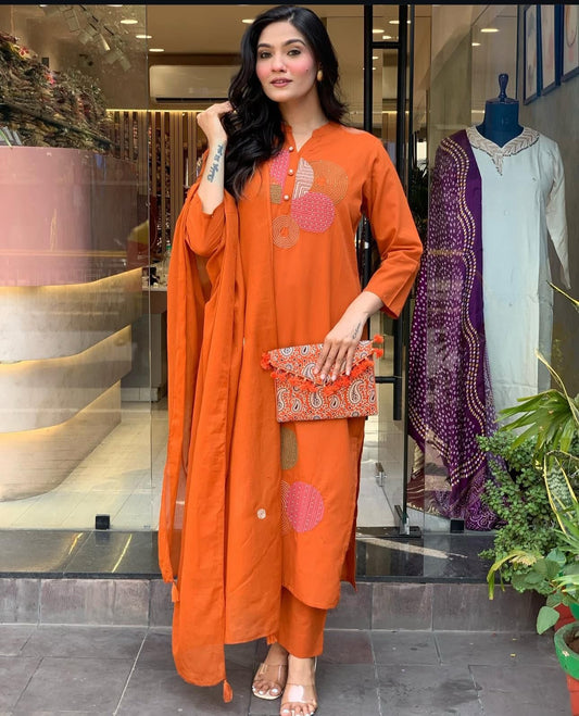 Rust Orange Embroidered Cotton Suit Set with Dupatta