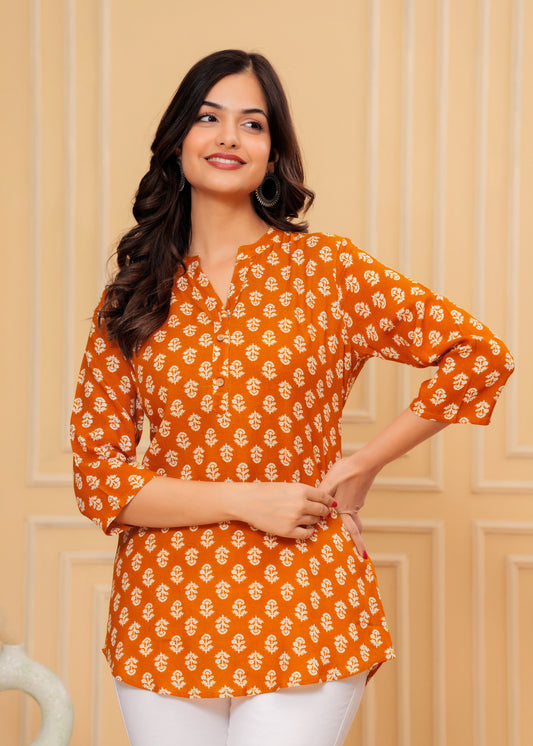 Rust Orange Soft Cotton Printed Top – Daily & Office Wear