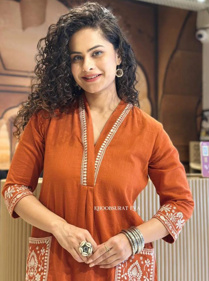 Rust Orange Cotton Slub Kurta Set with Pockets