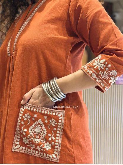 Rust Orange Cotton Slub Kurta Set with Pockets