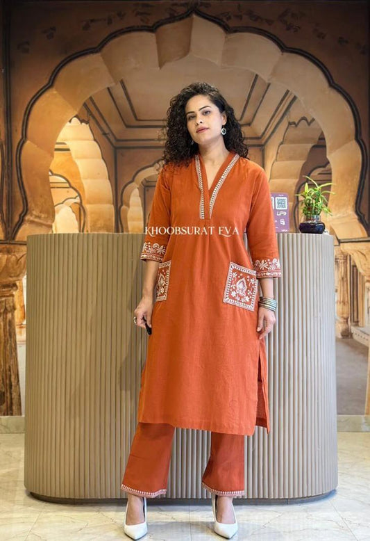 Rust Orange Cotton Slub Kurta Set with Pockets