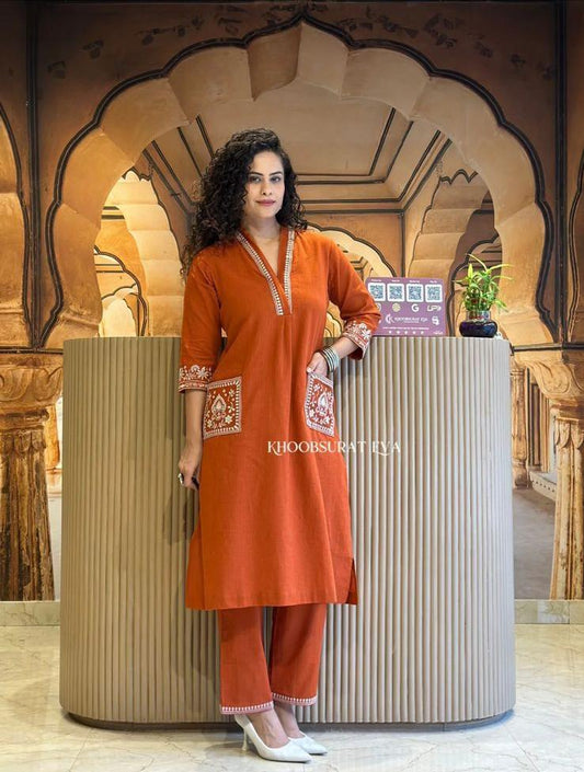 Rust Orange Cotton Slub Kurta Set with Pockets