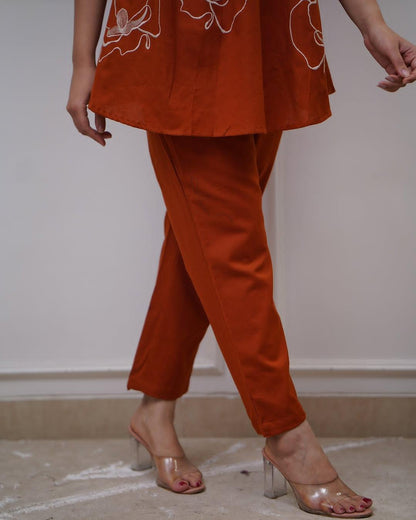 Rust Premium Cotton Co-ord Set with Floral Embroidery